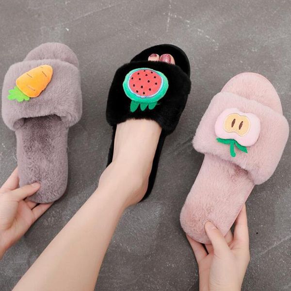 

slippers womens handmade fur cute fruits platform non slip home flip flop indoor bedroom warm short plush cotton shoes s664, Black