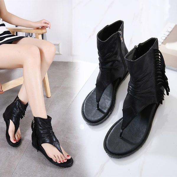 

europe and the united states summer new style rome women sandals fish mouth tassels high boots for women, Black