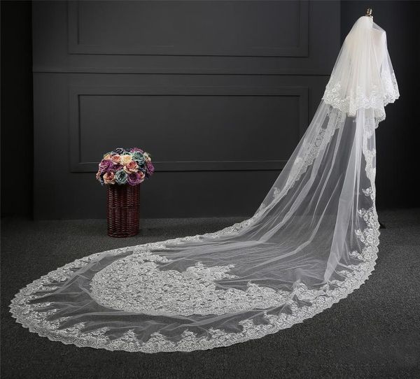 

bridal veils vlnuo nisa real pos long train lace wedding veil 5 meters white ivory comb blusher headpiece accessorie, Black