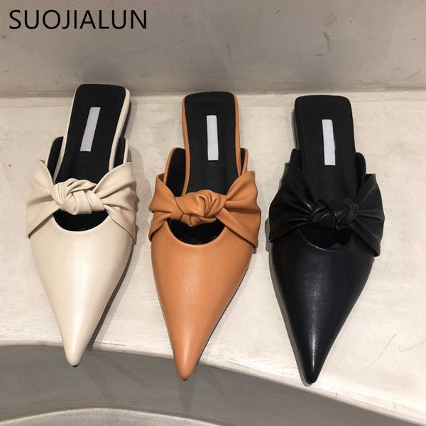 

suojialun summer women slipper elegant bow-knot pointed toe slip on mules shoes ladies flat heel casual slides flip flo 210630, Black
