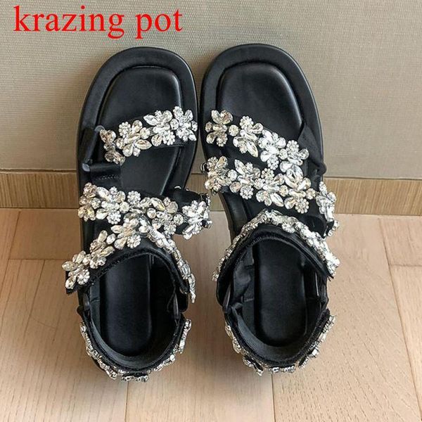 

sandals krazing pot luxury appliques flowers peep toe crystal diamond brand med heel black color elegant summer casual women l94