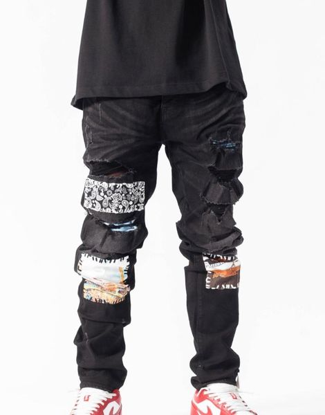 

men's jeans street quality high wash do old skull print hole stretch slim foot men, Blue