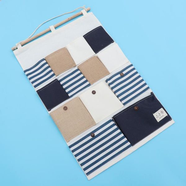 

1pc multi-pocket hanging bag striped cotton linen storage pouch wall-mounted sundries organizer for home shop
