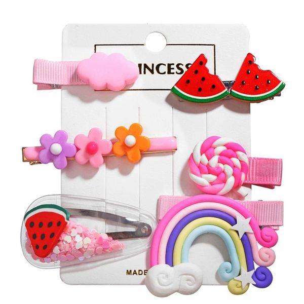 

hair accessories 6psc/set hairpin korean children side clip fruit rainbow carrot hairwear flower lollipop cute headgear, Slivery;white