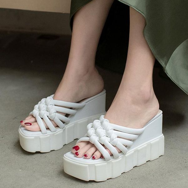 

slippers lapolaka brand design pig skin leather narrow band knot platform wedges high heels sandal shoes woman, Black