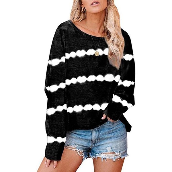 

women's t-shirt fashion autumn women tie dye stripe print t shirt casual long sleeve loose tee ladies o-neck top, White