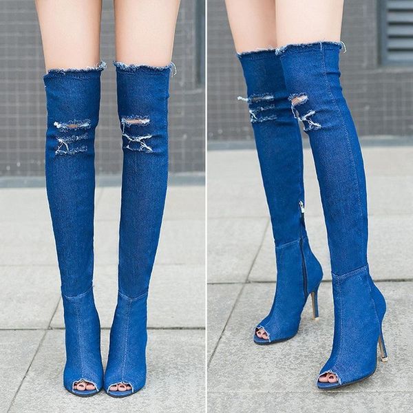 

boots nice fashion women hole denim high heels over the knee spring summer peep toe thigh botas, Black