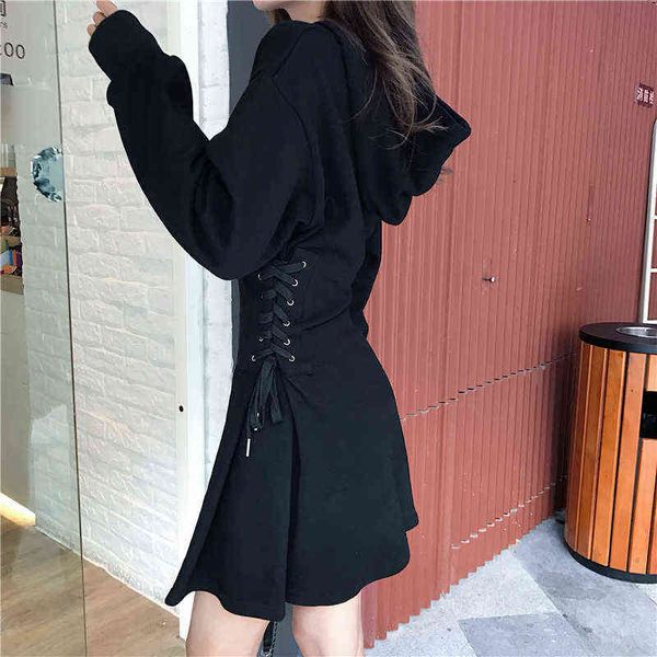

spring 2020 hooded dress women lace up waist slim black gothic dress female short mini harajuku streetwear vestidos g1223, Black;gray