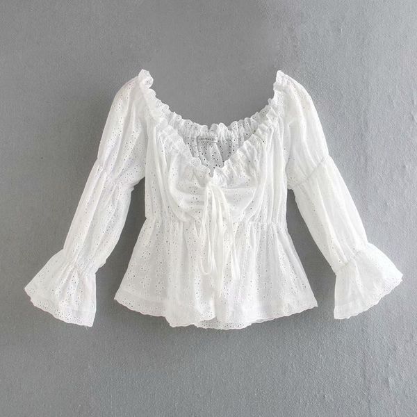 

new 2021 summer hollow out vacation beach white black flare sleeve blouses tje6