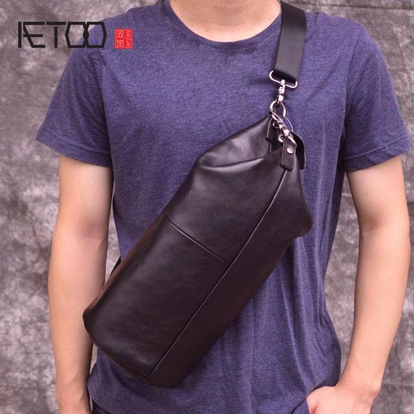 

HBP AETOO Chest Bag Male Leather Korean Version of The Shoulder Diagonal Package Personality Vintage Cylinder, Black