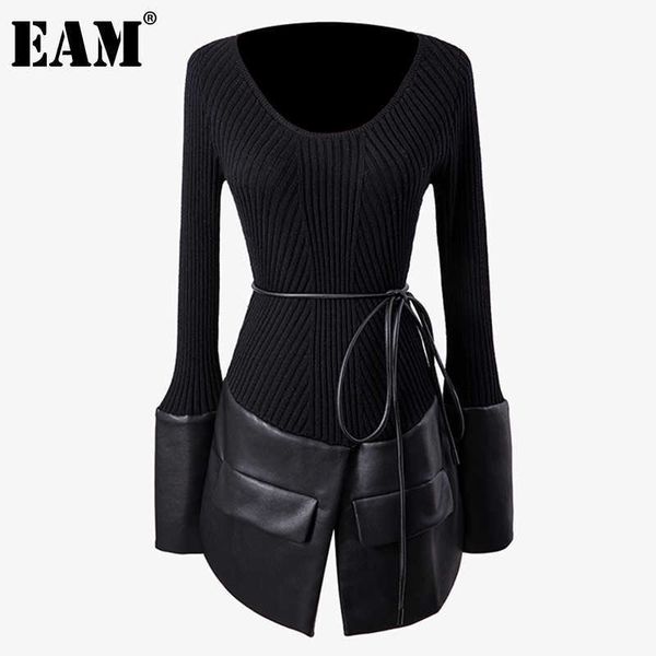 

[eam] spliced pu leather knitting sweater loose round neck long sleeve women pullovers fashion autumn winter 1dd2424 210922, White;black