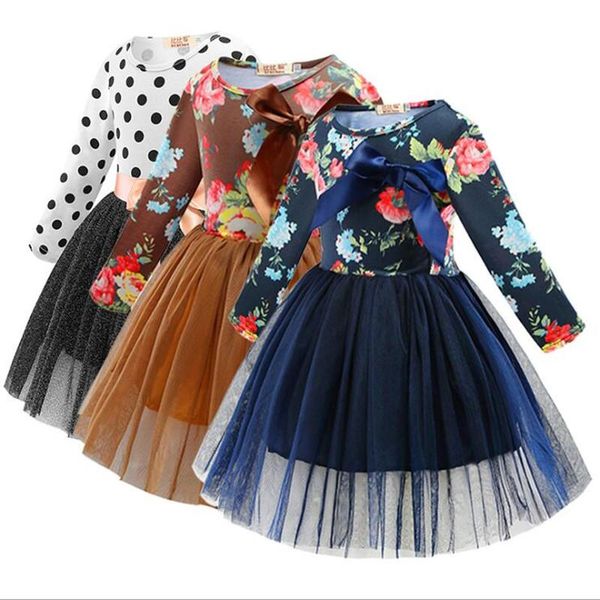 

girl's dresses spring autumn girls long sleeve polka dot bow princess flower print mesh tutu dress for 1-7 years, Red;yellow