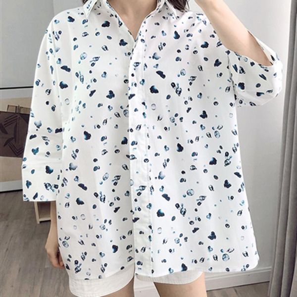 

women cotton shirt nine quarter sleeve water drop printing turn-down collar loose blouse, White