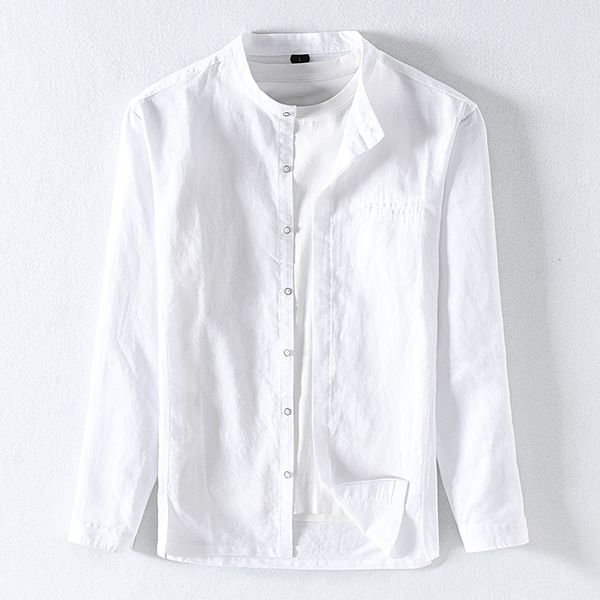 

2021 autumn new stand collar long-sleeved linen brand casual white shirts for men cotton solid shirt mens chemise wrny