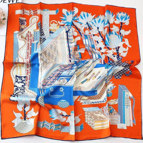 

scarves brand design scarf 100% twill silk hand rolled edges neck head hijabs hairband 90*90cm, Blue;gray