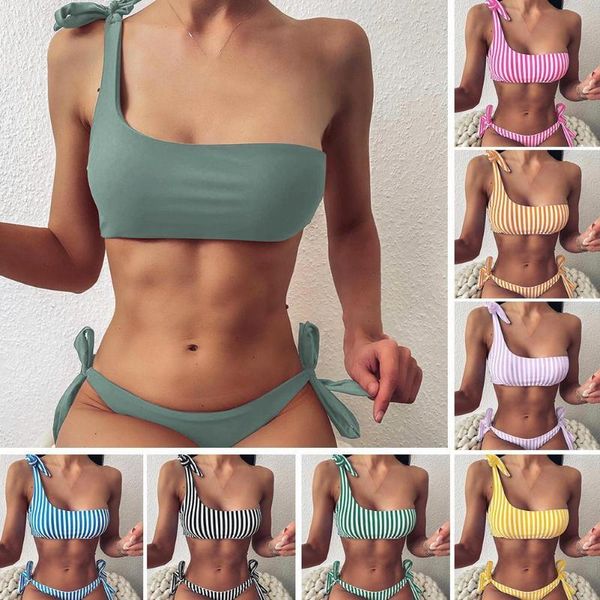 

new style striped printed bikini one-shoulder lace swimsuit split u3r9