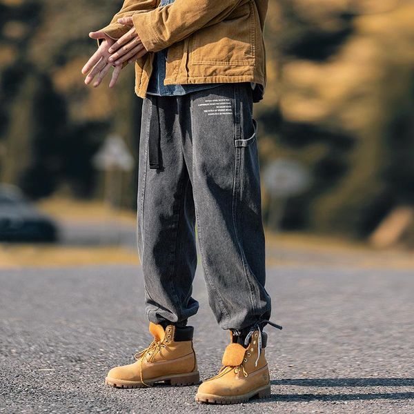 

men's jeans prowow loose straight 2021 autumn man drawstring tie feet casual mans streetwear korean hip hop, Blue