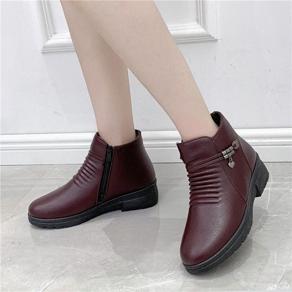 

thick heel ankle boots for women pu leather waterproof snow boots women zip winter ladies shoes metal decor n5bk#, Black
