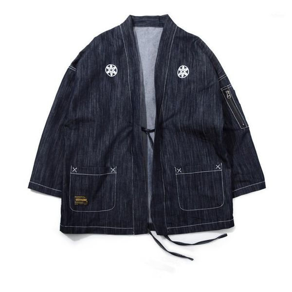 

men's jackets kimono denim jacket men japanese streetwear hip hop cardigan zipper pocket harajuku autumn spring fashion casual coat, Black;brown