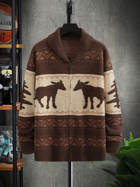 

men chevron and cattle pattern zip up cardigan n5q5#, White;black