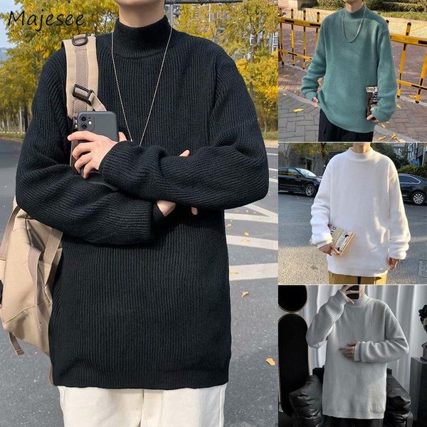 

men pullovers mock-neck sweater korean style cozy loose streetwear male clothing knitwear harajuku teens oversize simple jumper, White;black