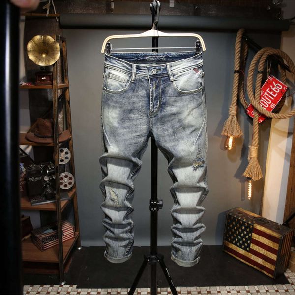 

hole jeans brand winter slim men's spring and autumn fashion scrape personality straight pants, Blue