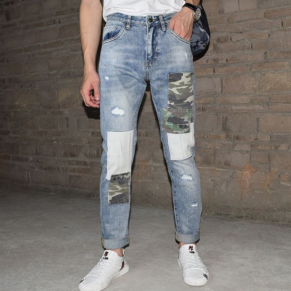

2021 new fashion streetwear men jeans elastic cotton slim fit ripped denim punk pants patches designer retro light blue hip hop trousers 34x