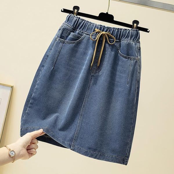

skirts women summer 2021 korean style elegant blue lace-up jean skirt casual high wasit all match denim plus size 4xl, Black