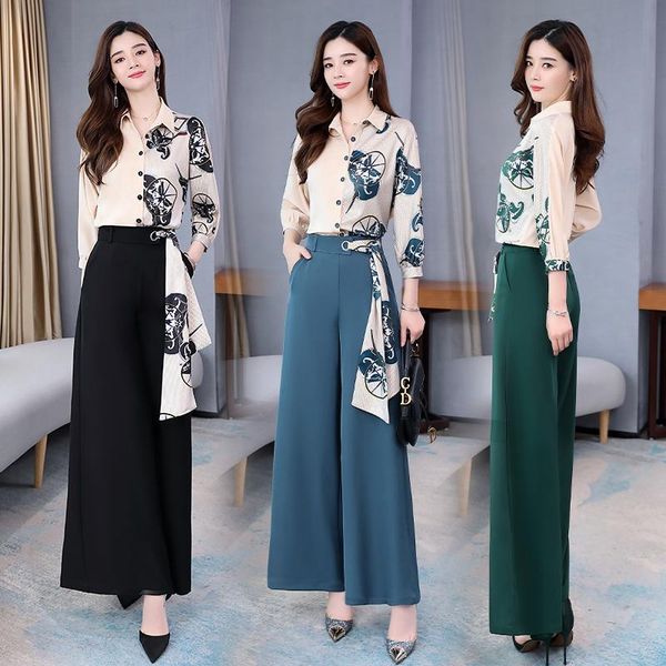 

women's tracksuits women two piece sets 2021 spring floral shirt blouse and long wide leg pants trousers office lady 2 pieces suits, Gray