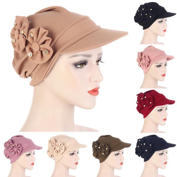 

scarves fashion flower hat with brim rhinestone turban solid color women scarf shawls headband islamic cloth head wrap foulard headwear, Blue;gray