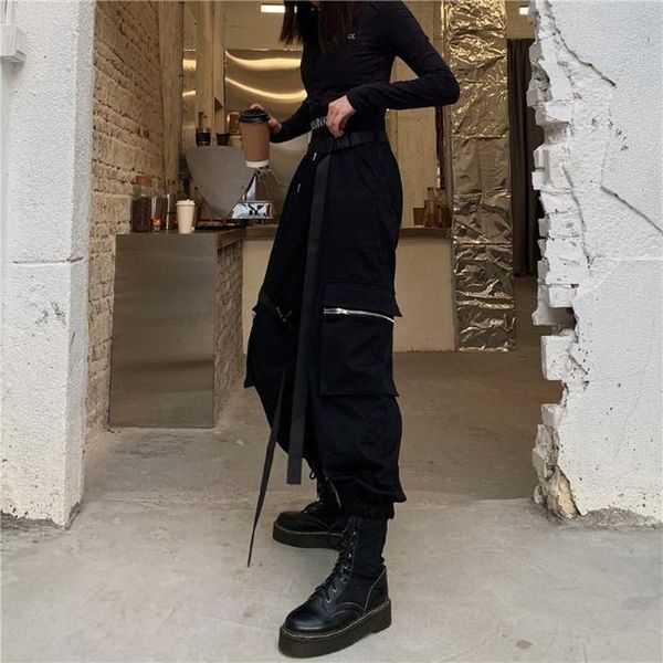 

cargo pants drawstring black high waist zipper pockets korean style woman pants 2021 autumn oversized streetwear women, Black;white