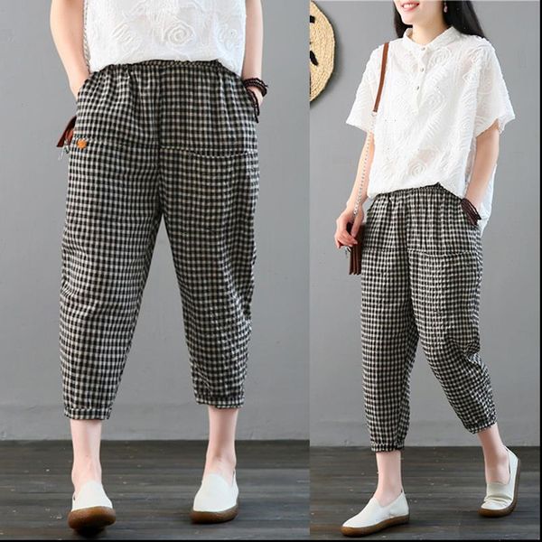

women spring summer fashion japan style elastic waist cotton linen plaided ankle length harem pants office lady casual trousers, Black;white