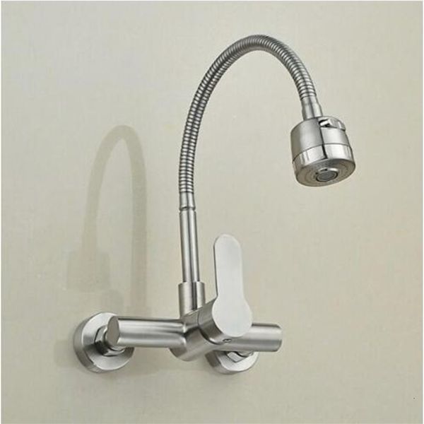 

2021 new wall mounted stream sprayer faucet single handle 304 stainless steel flexible hose kitchen mixer dual holes sink tap hnnq