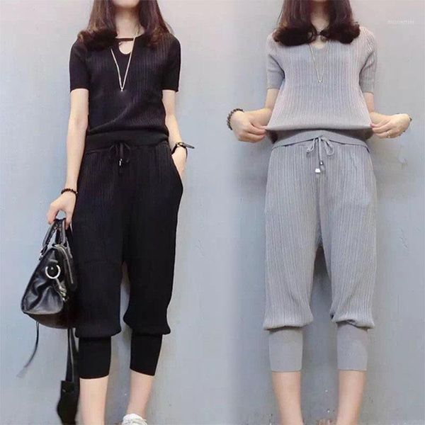 

women's two piece pants women outfits2021 summer large size short-sleeved t-shirt + harem fashion casual two-piece suit, White