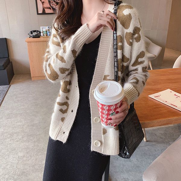 

2022 autumn winter knitted leopard sweaters women korean v neck thick print cardigan coat loose button outwear, White;black