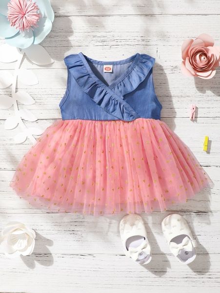 

baby ruffle trim heart mesh hem dress she, Red;yellow