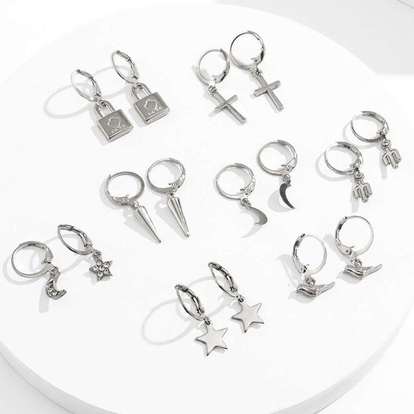 

multi mix and match lock shaped star moon set earrings simple pendant cross earrings women's jewelry, Silver