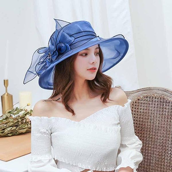 

wide brim hats fashion hat women's feather big flower mesh party bucket summer outdoor sun ladies beach gift, Blue;gray