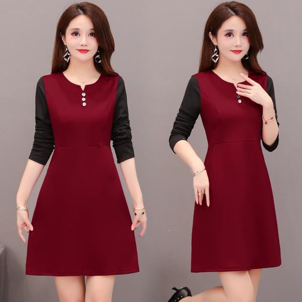 

casual dresses coigarsam women dress autumn 2022 office lady long sleeve o-neck red green robe vestidos, Black;gray