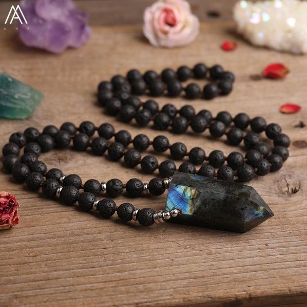 

chains natural flash labradorite stone point beads pendant 8mm black lava round knotted mala necklace for women handmade jewerly1, Silver