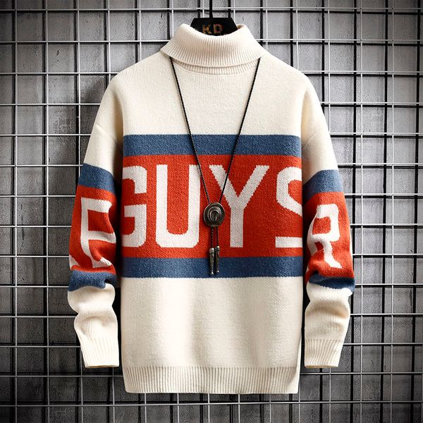 

men's sweaters striped turtleneck sweater, thick warm cashmere high-quality christmas sweater, novelty in winter 2021, White;black