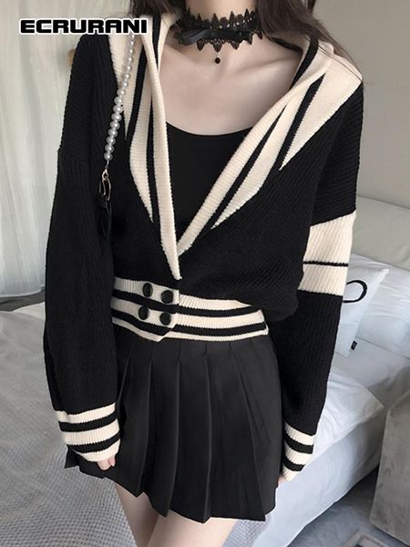 

women's jackets ecrurani korean fashion striped sweaters women v neck long sleeve patchwork button slim sweater 2021 autumn clothing, Black;brown