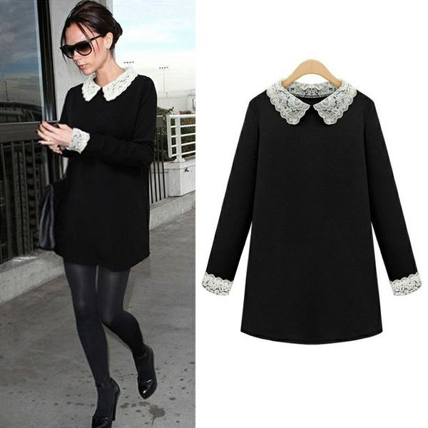 

casual dresses 2021 spring women the long-sleeve fat mm l-5xl plus size loose lace splicing dress fashion high-end, Black;gray