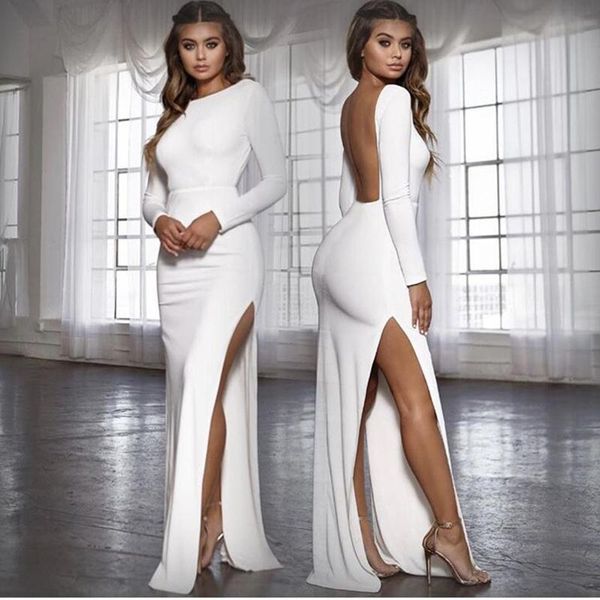 

casual dresses backless maxi split party dress women 2021 spring autumn long sleeve solid bodycon elegant white sexy, Black;gray