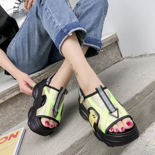 

sandals platform shoes women wedge heels height increaming buckle thick soled beach woman sandal, Black