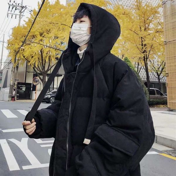 

medium length men's winter thickened stand collar hooded fashion coat trend korean large loose cotton padded jacket, Black;brown