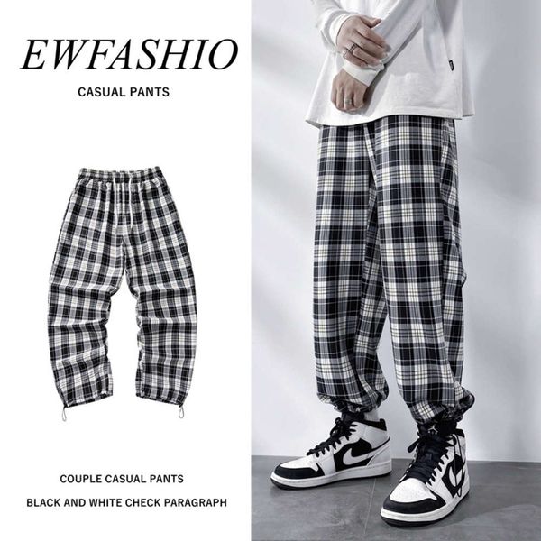 

trendy black and white plaid casual pants drawstring spring autumn trendy leggings