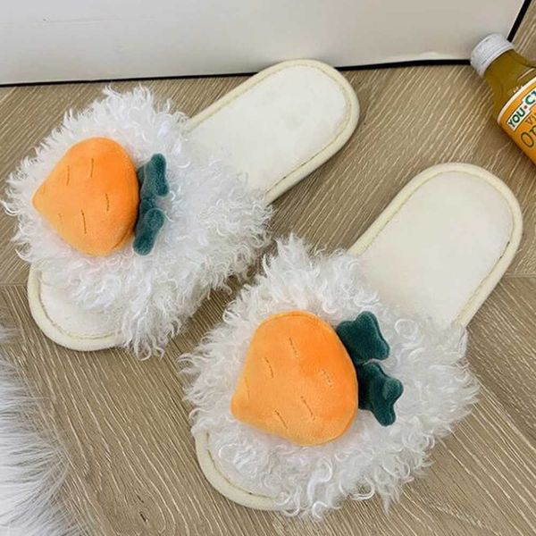 

winter woman furry shoes sheep curl slide fruit flat flip flops warm non-slip slippers ladies home cotton xx499 210625, Black