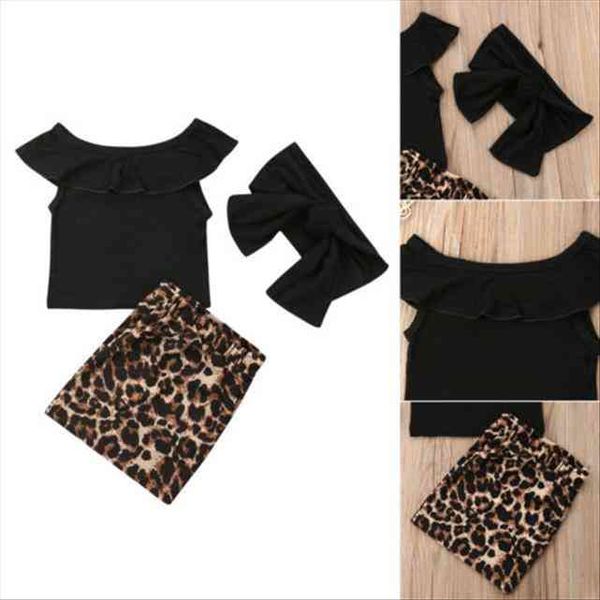 

kids girl summer clothes baby off shoulder ruffle shirt leopard sheath skirt children fashion 1 6y, White
