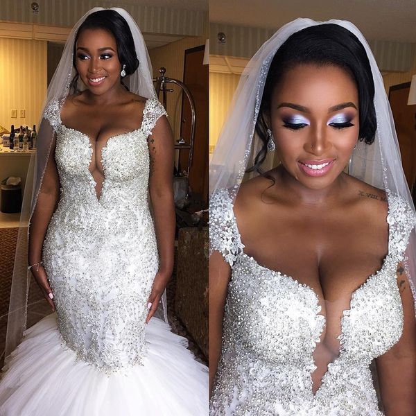 

african style plus size mermaid wedding dresses 2021 cap sleeves beaded crystal ruffled tulle puffy wedding gowns vestidos de noiva, White